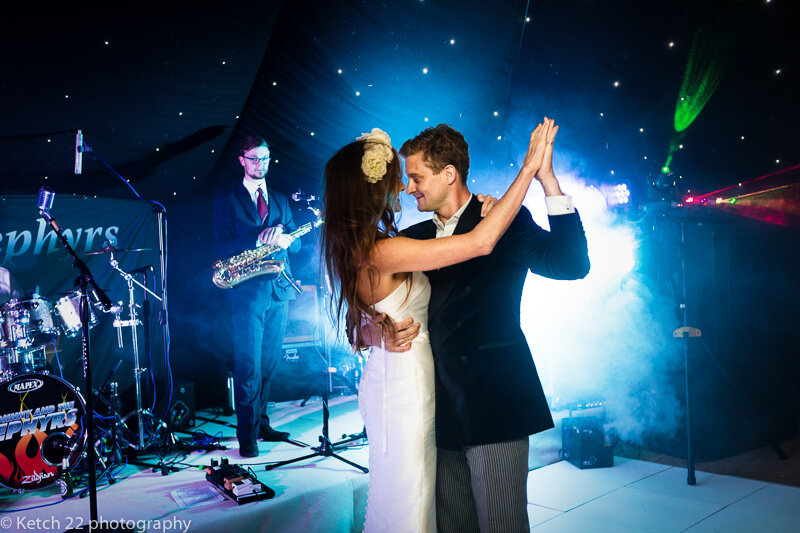 First dance with bride and groom at dorset summer wedding