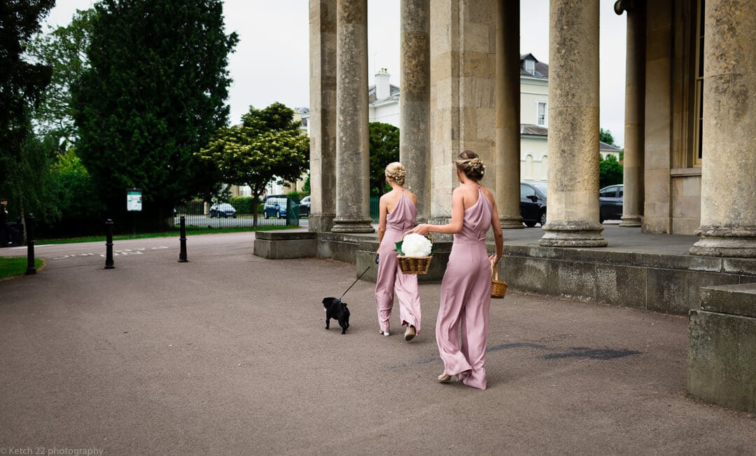 Bridesmaids in pink with black dog at Cheltenham wedding