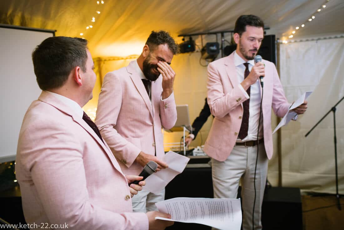 Best men making speechs at Winchcombe wedding