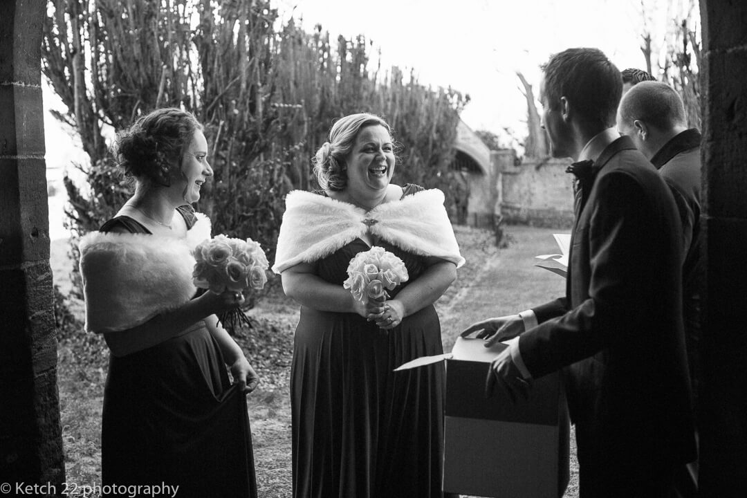 Bridesmaids waiting in Church door just prior to wedding ceremony