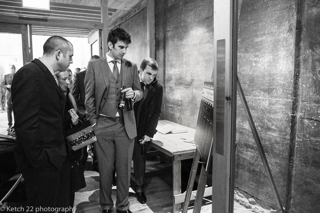 Wedding guests looking at menu board 