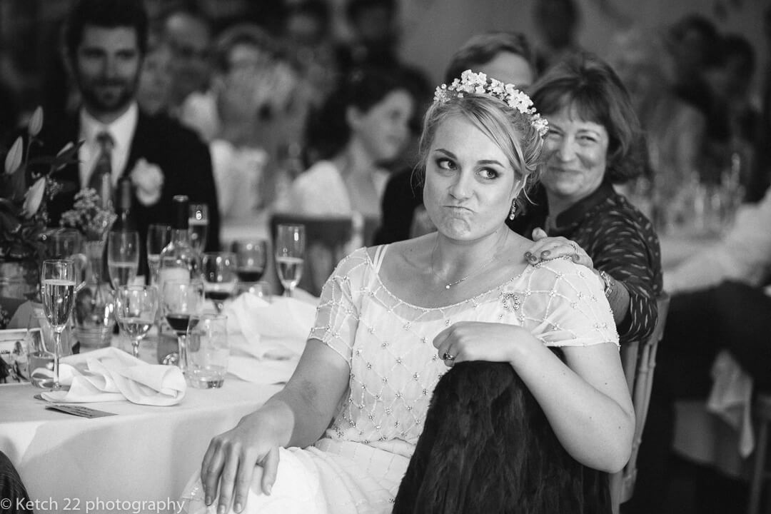 Bride making silly face at documentary wedding photography Oxfordshire