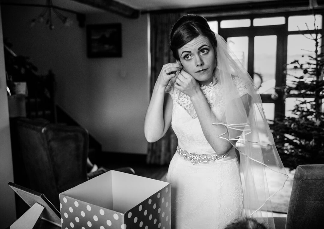 Bride getting ready at Winter Welsh wedding