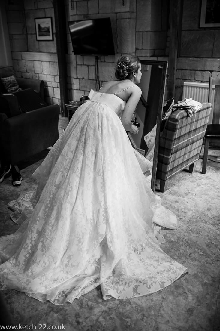 Back view of bride wearing wedding dress