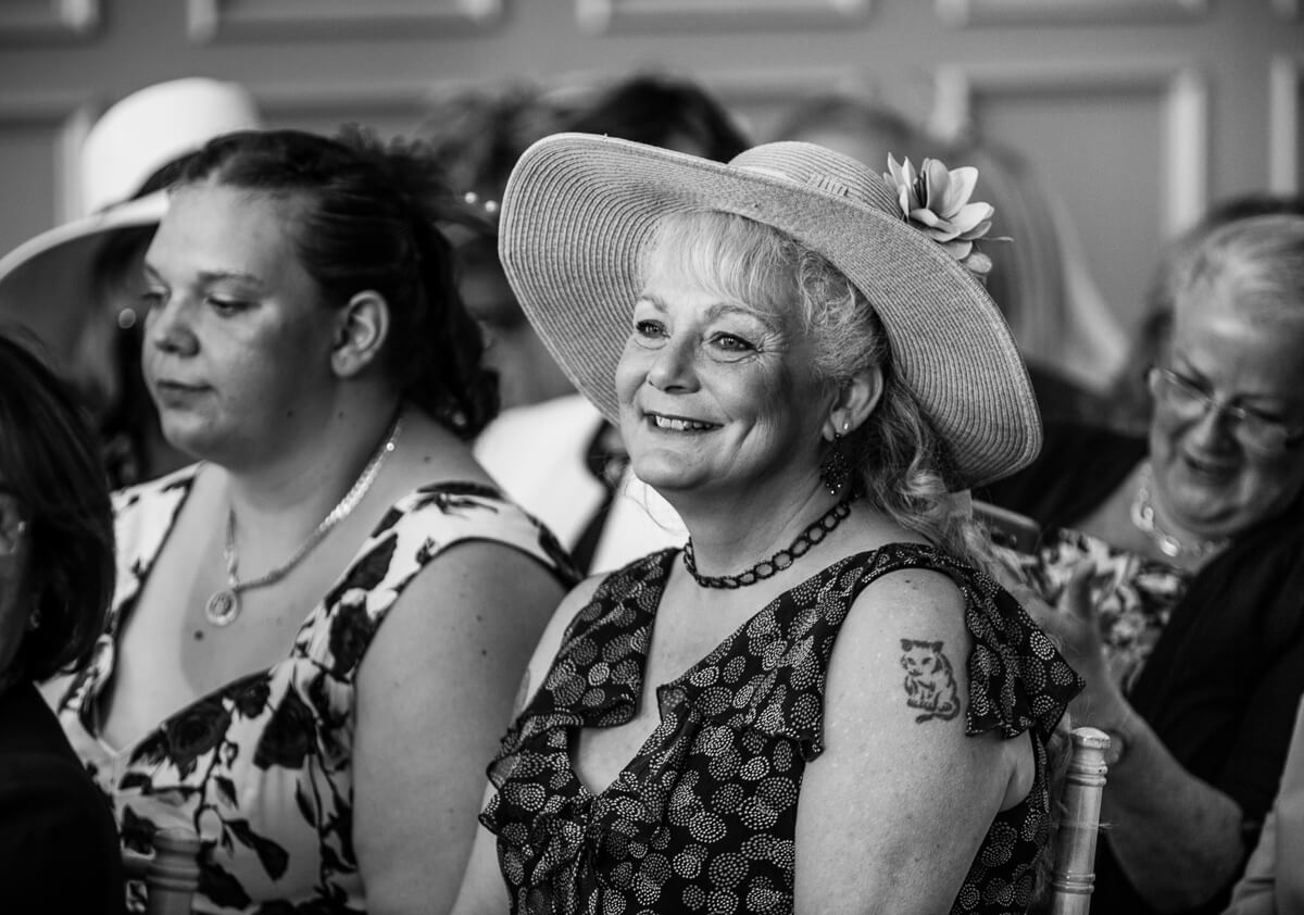 Wedding guests looking at bride and groom during ceremony