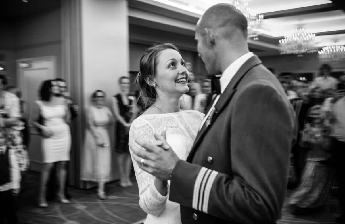 Bride looking into grooms eyes at first dance